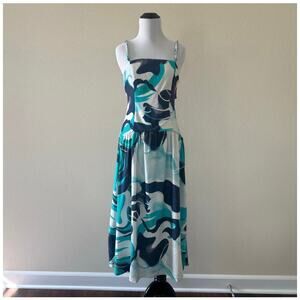 Christian Lacroix Linen Cotton Blue Organic Pattern
 Midi Dress Size Large Nwt